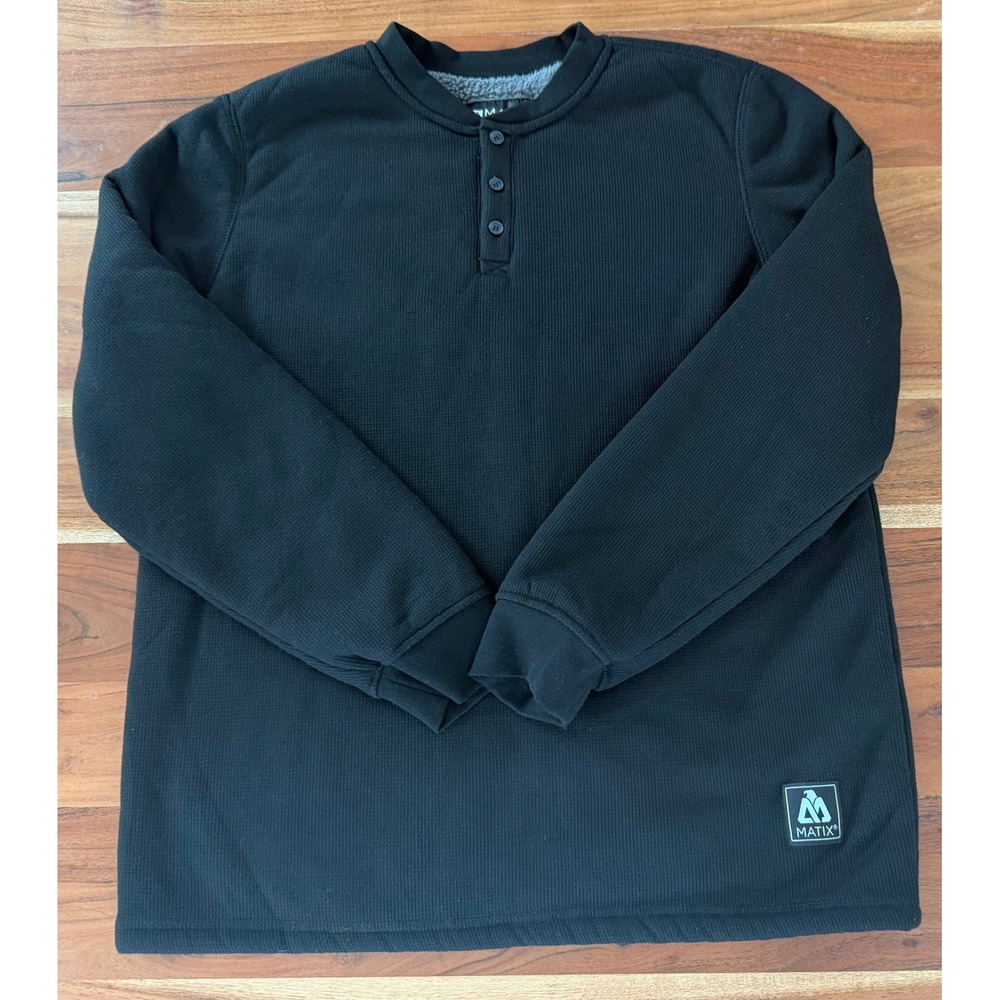 Matix Mens Waffle Knit Henley Shirt Black Sherpa Lined Thermal Pullover Large